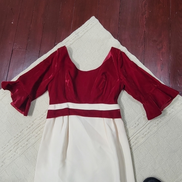 VINTAGE Empire Waist Long Ruffle Sleeve Velvet Top Dress size 2/4 Burgundy Ivory - Picture 2 of 15
